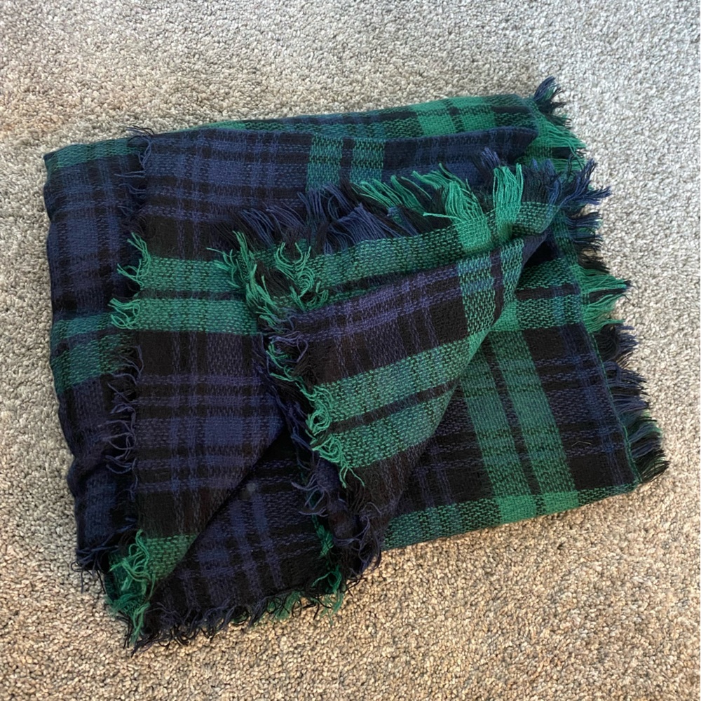 Navy and green plaid blanket scarf